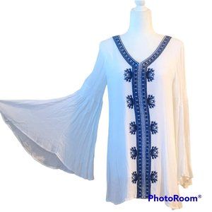 Joan Vass Embroidered Boho Bell Sleeve Tunic Oversized Longline Flowy Gauzy